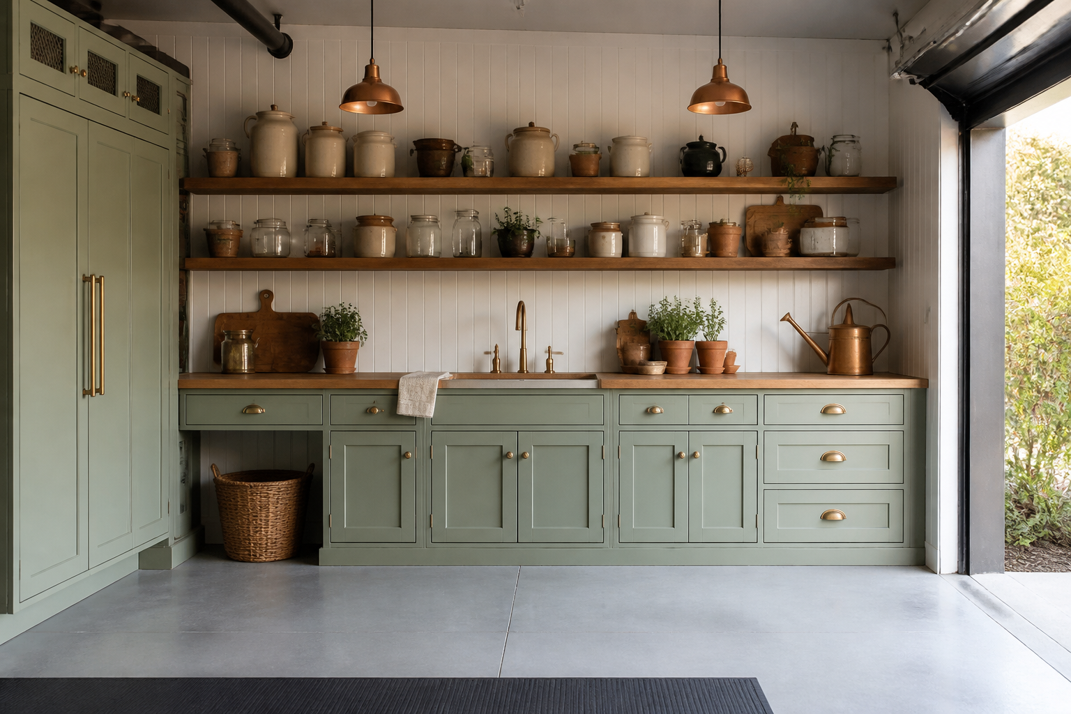 Sage green rustic garage kitchenette with wooden counters and copper lighting