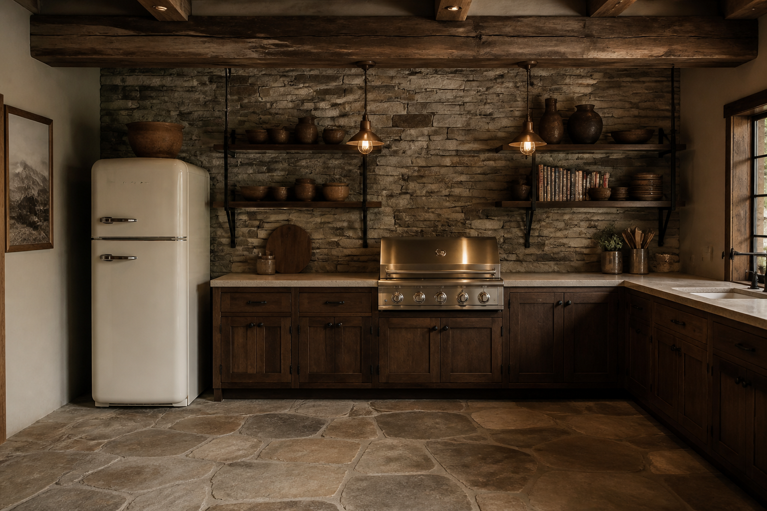 Rustic garage kitchen with stacked stone wall and rough-hewn wood beams