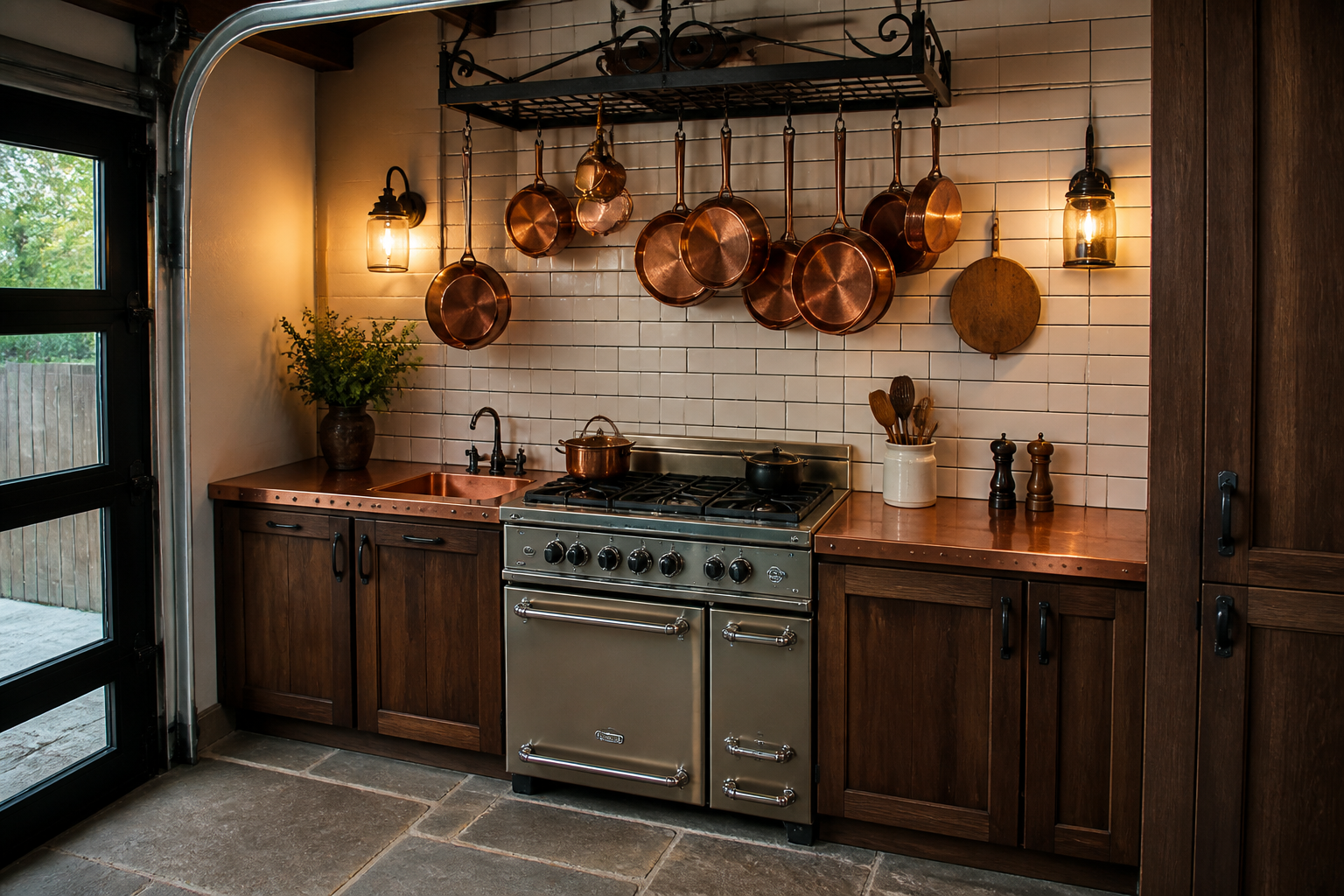 Rustic garage cooking corner with dark walnut cabinets and copper countertop