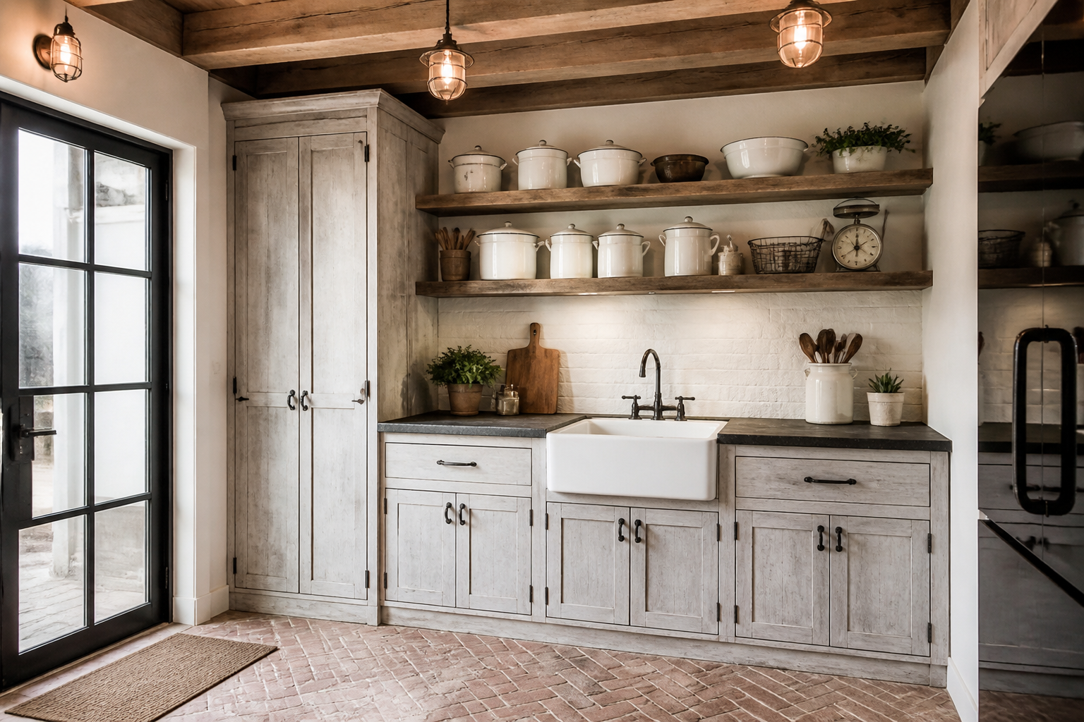 Whitewashed rustic garage kitchenette with soapstone counters and vintage enamelware