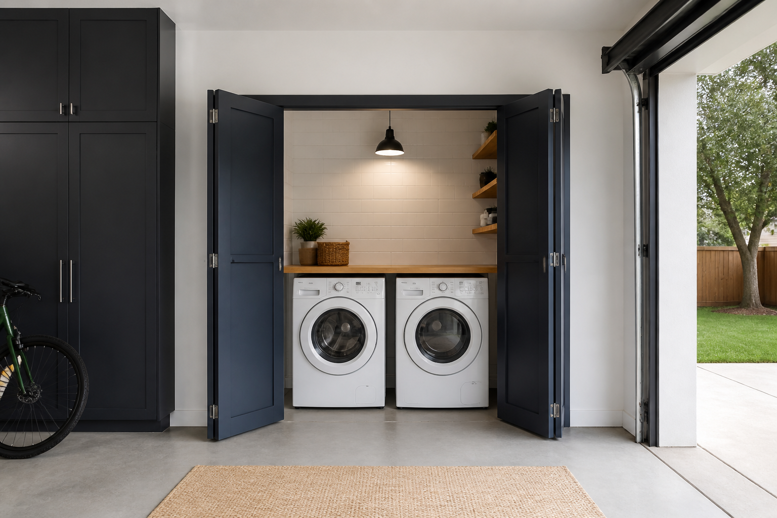 Side by side washer dryer in garage alcove with navy bifold doors and butcher block counter