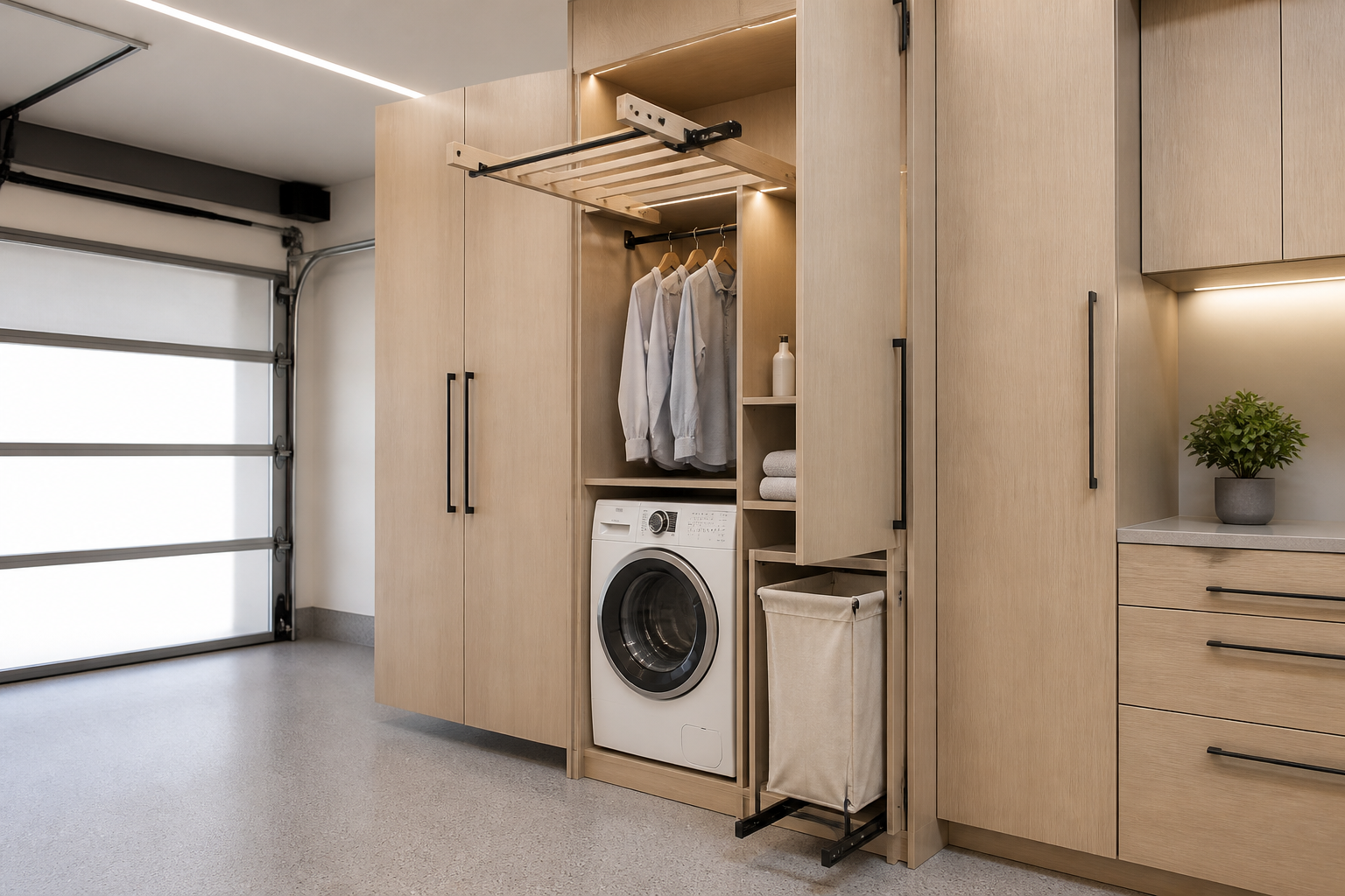 Pull out garage laundry cabinet with combo washer dryer and built in drying rack