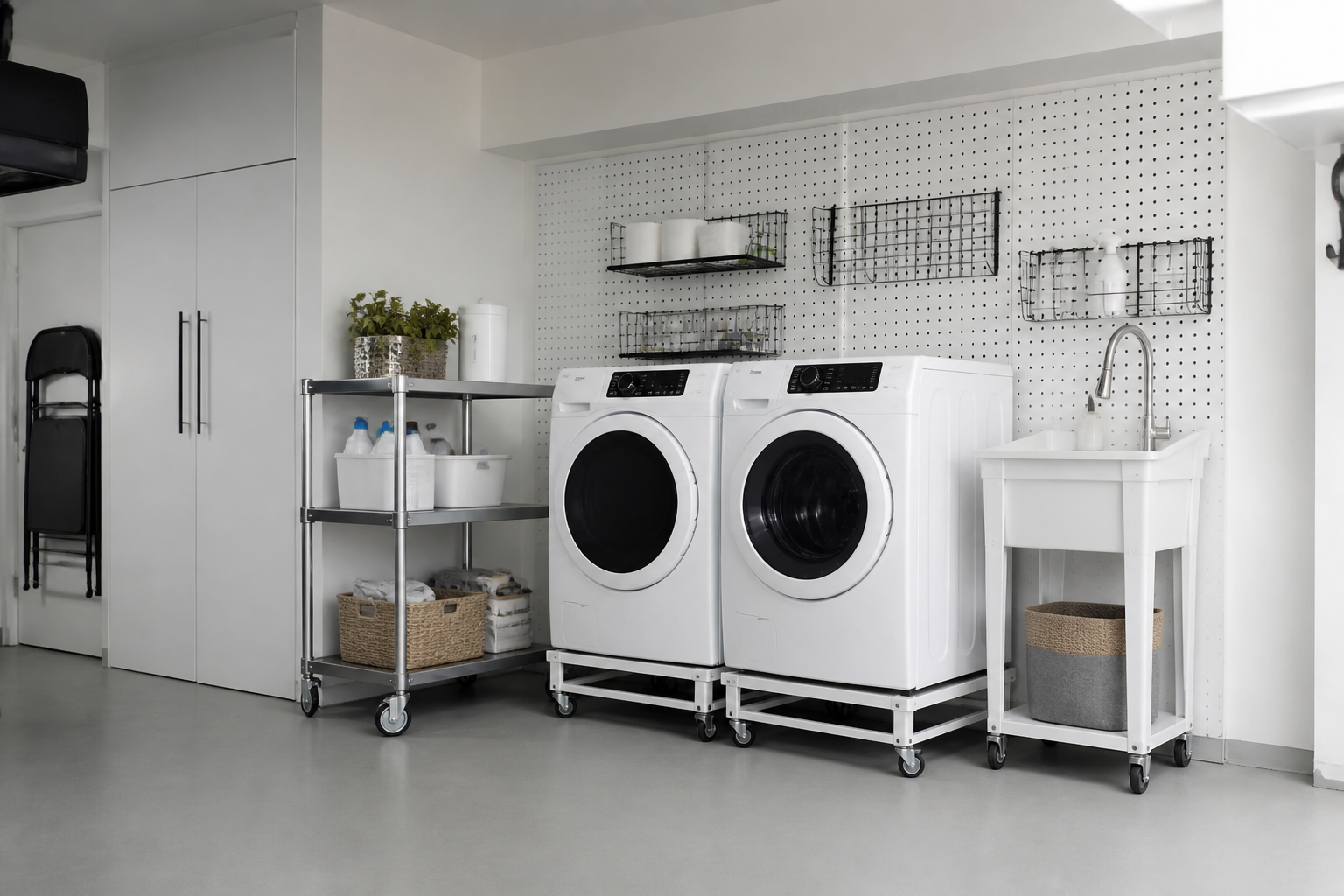 Portable washer and dryer on rolling carts in garage with pegboard wall storage