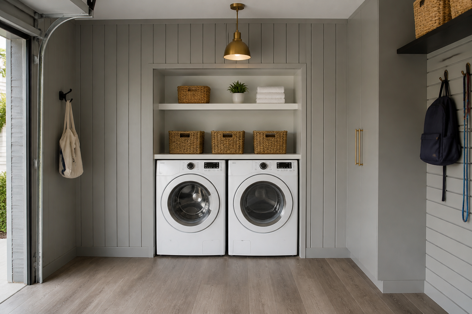 Recessed garage laundry niche with beadboard walls and luxury vinyl flooring