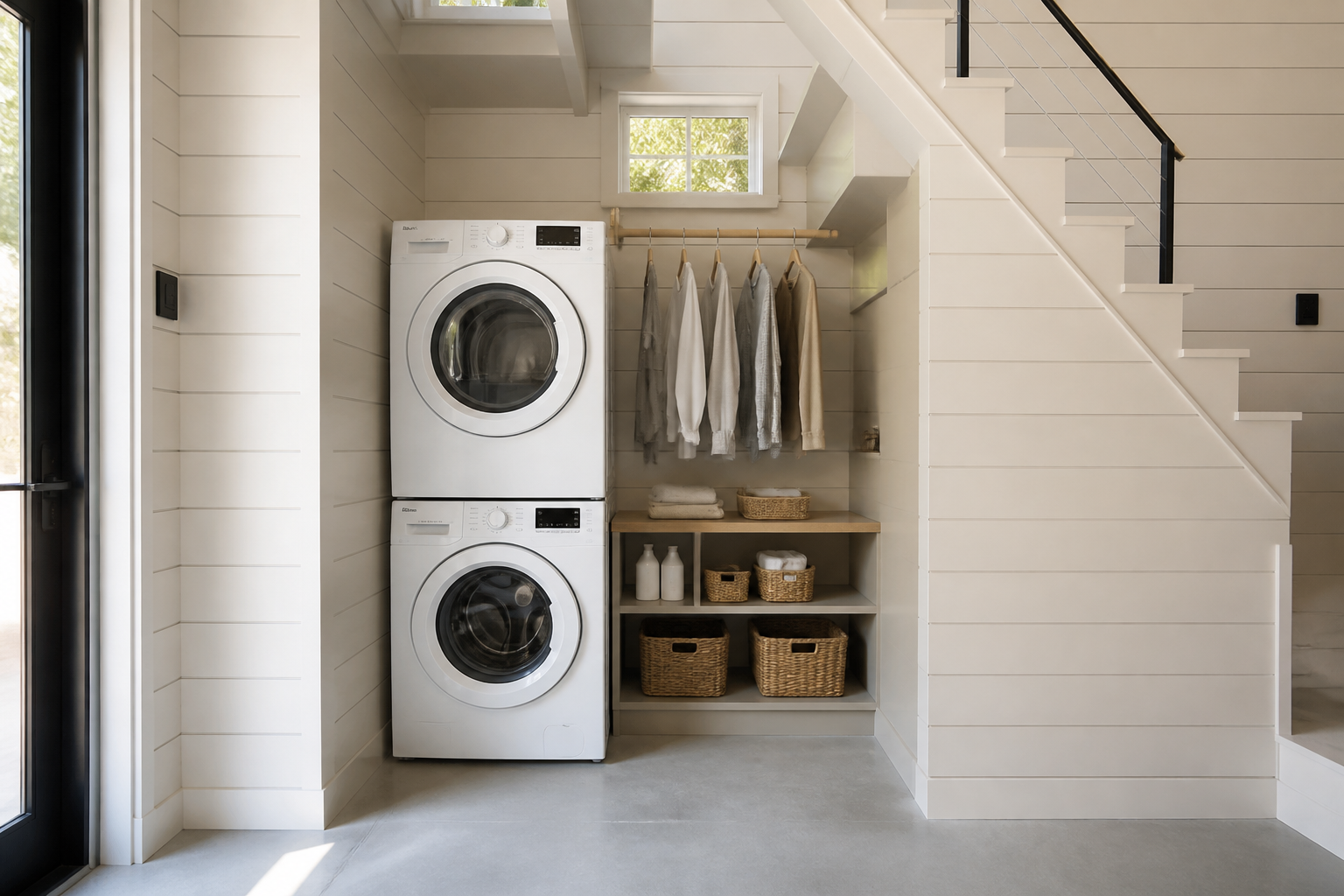 Compact laundry under garage stairs with shiplap walls and hanging rod