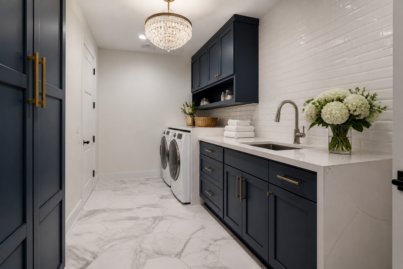 Luxury garage laundry with navy shaker cabinets, marble hexagon tile, and crystal chandelier