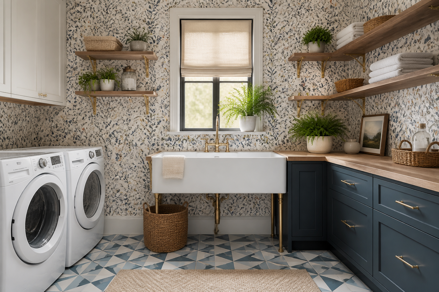 Garage laundry with geometric cement tile floor and botanical wallpaper