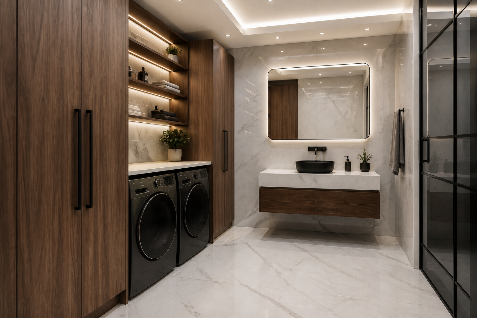Modern garage laundry with matte black appliances, walnut storage, and marble look tile