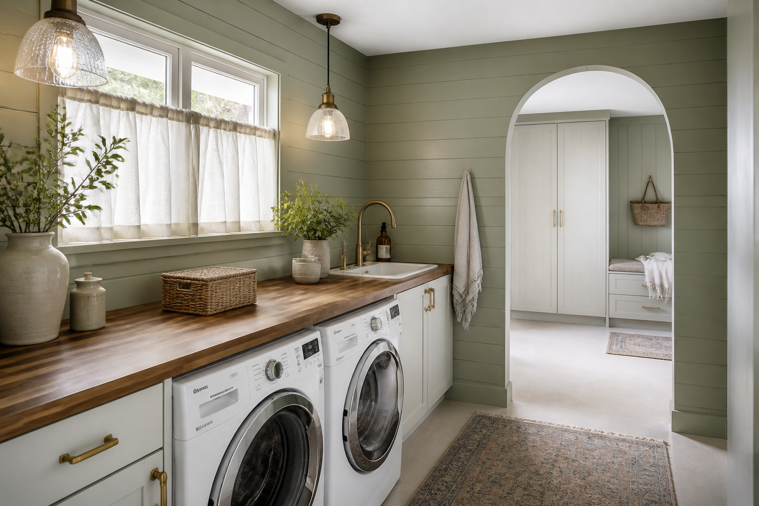 Cottage style garage laundry with sage green shiplap and butcher block countertop
