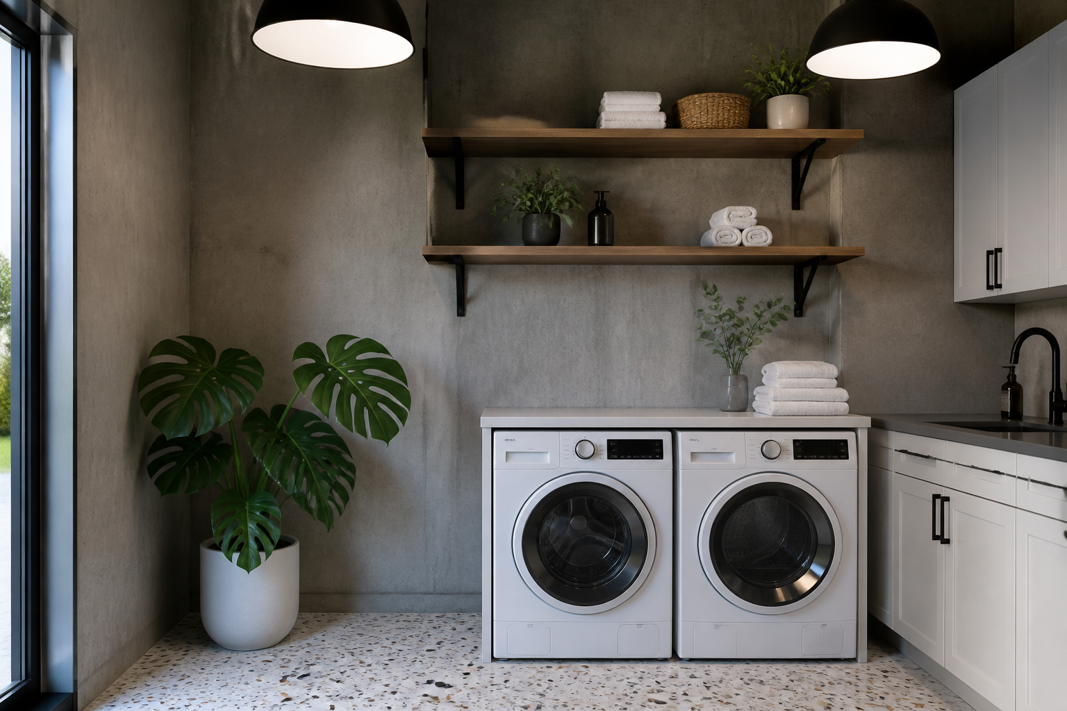 Contemporary garage laundry with textured concrete walls and terrazzo flooring