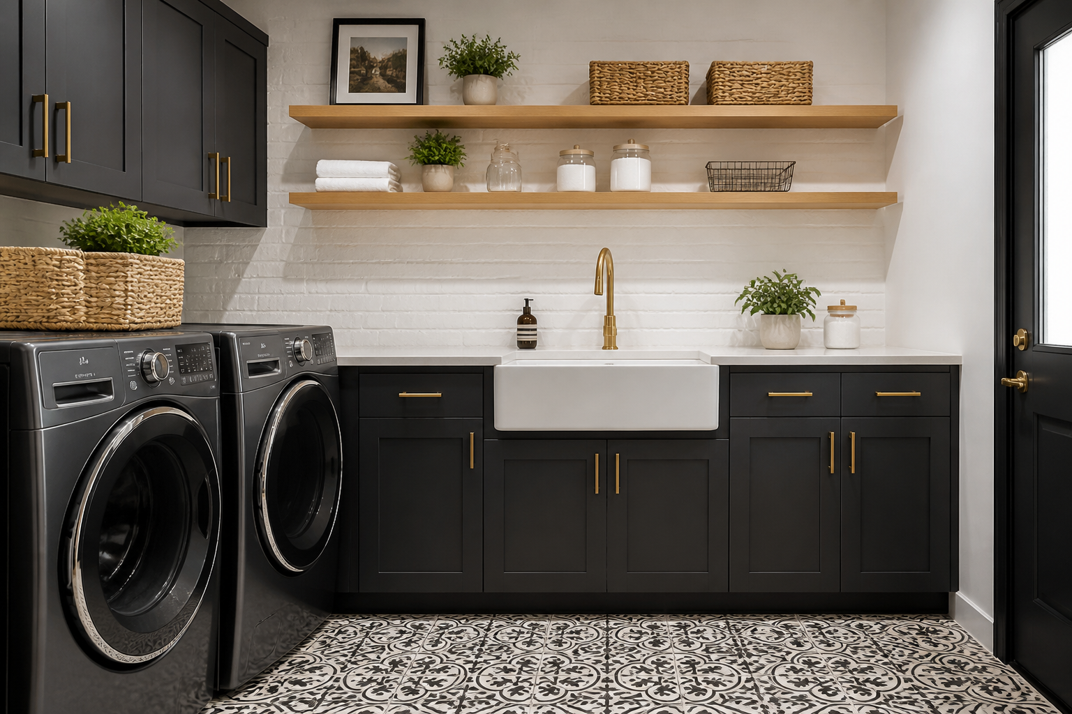 Garage laundry with white painted brick wall and black and white encaustic tile floor