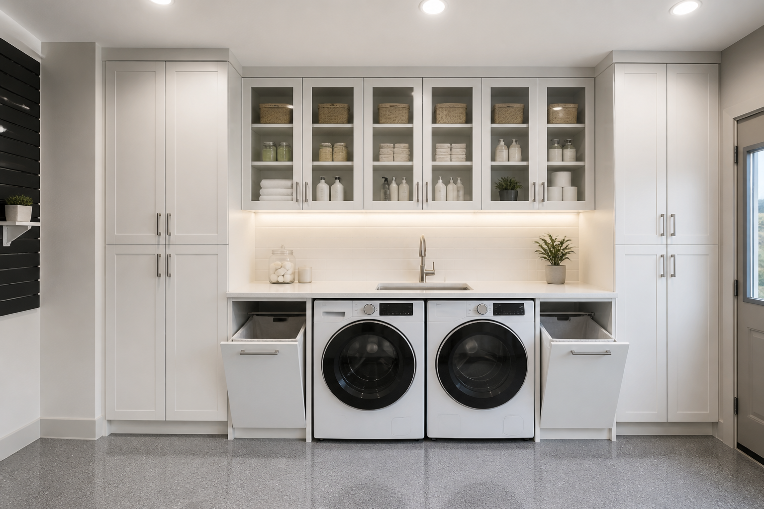 Floor to ceiling white cabinets in garage laundry with glass doors and pull out hampers