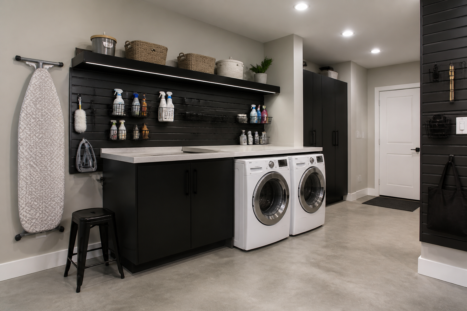 Black slatwall garage laundry storage with mounted ironing board and woven baskets