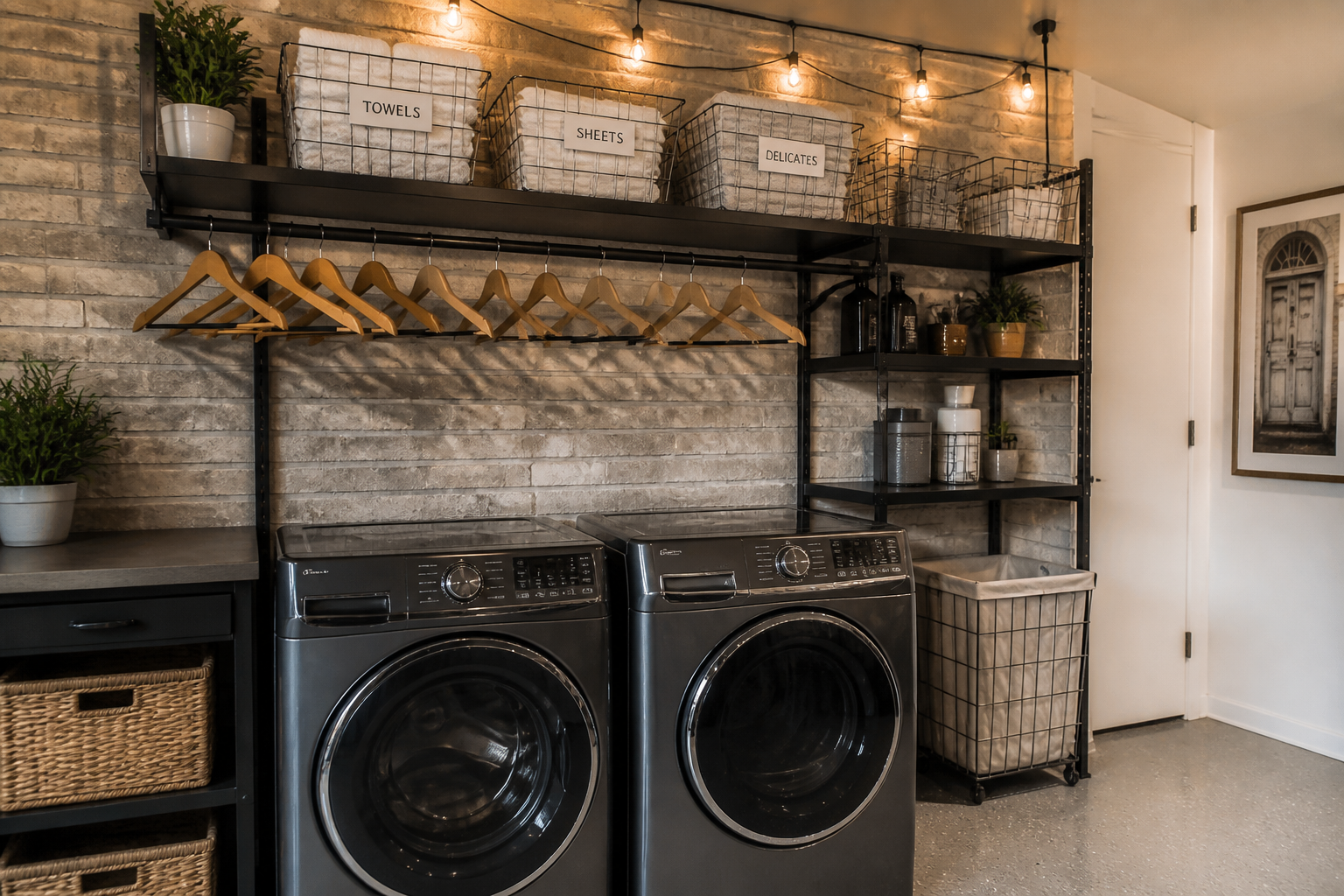 Industrial metal shelving in garage laundry with labeled wire baskets and hanging rod
