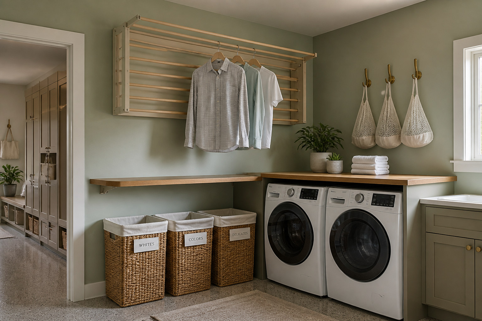 Wall mounted folding drying rack in garage laundry with wicker sorting baskets