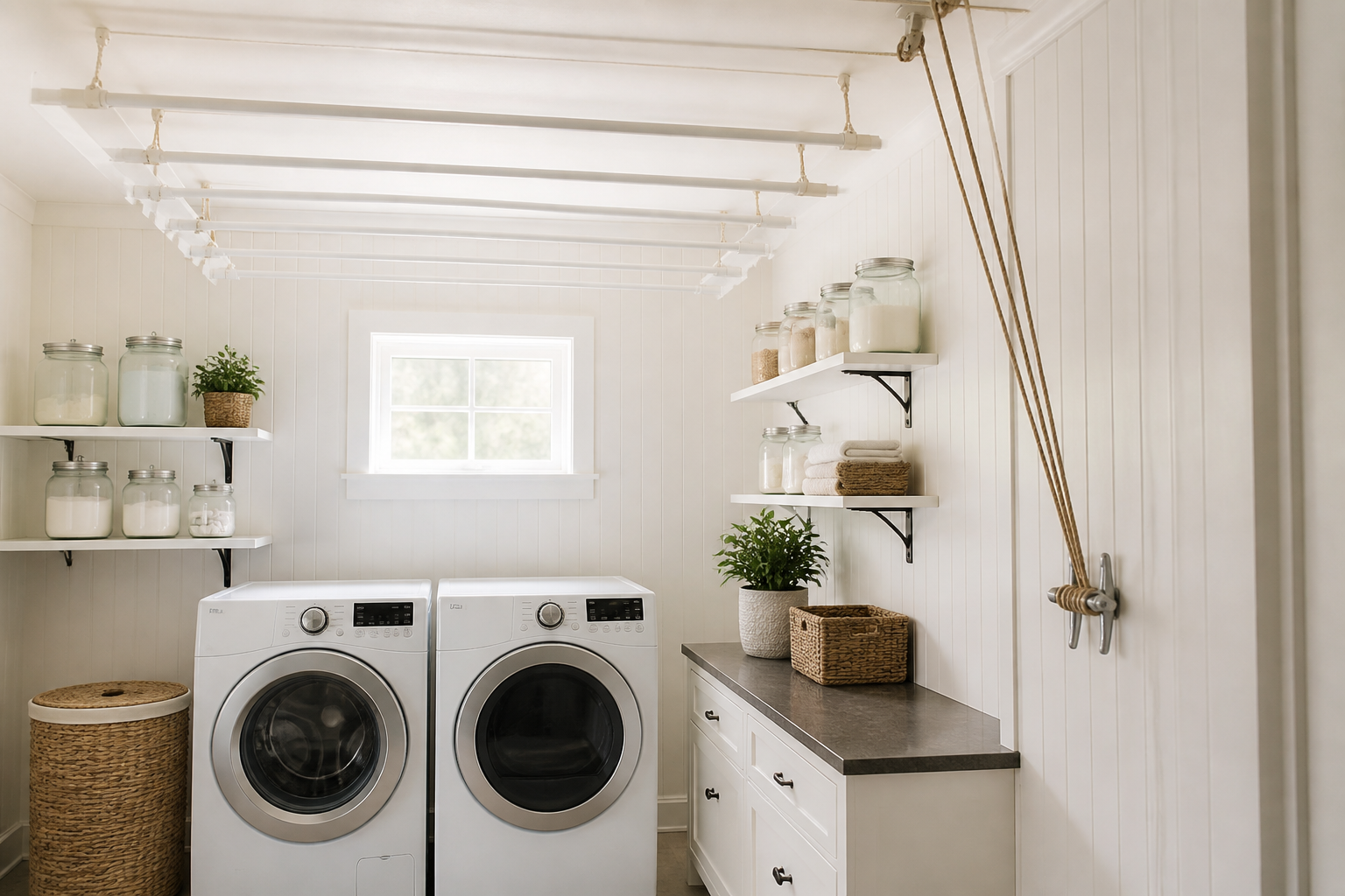 Ceiling mounted pulley drying racks above garage washer dryer with farmhouse beadboard walls