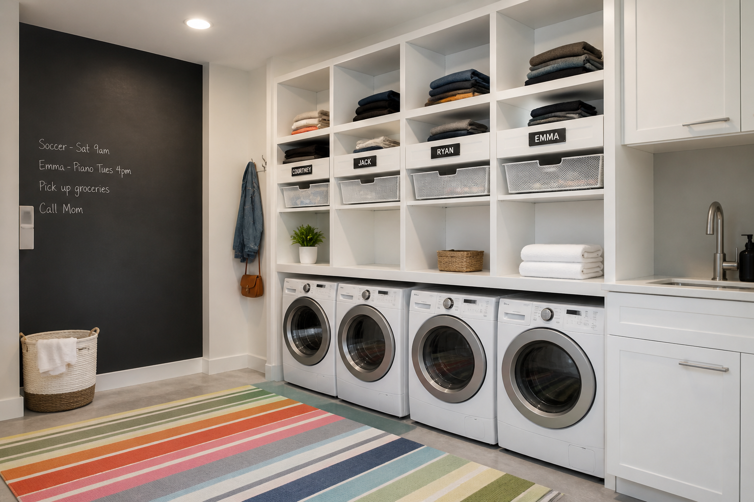 Custom family cubby system in garage laundry with labeled storage for each person