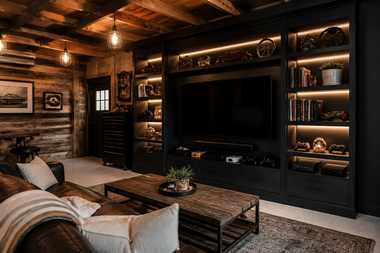 Built-in black shelving surrounding TV in contemporary garage with integrated lighting