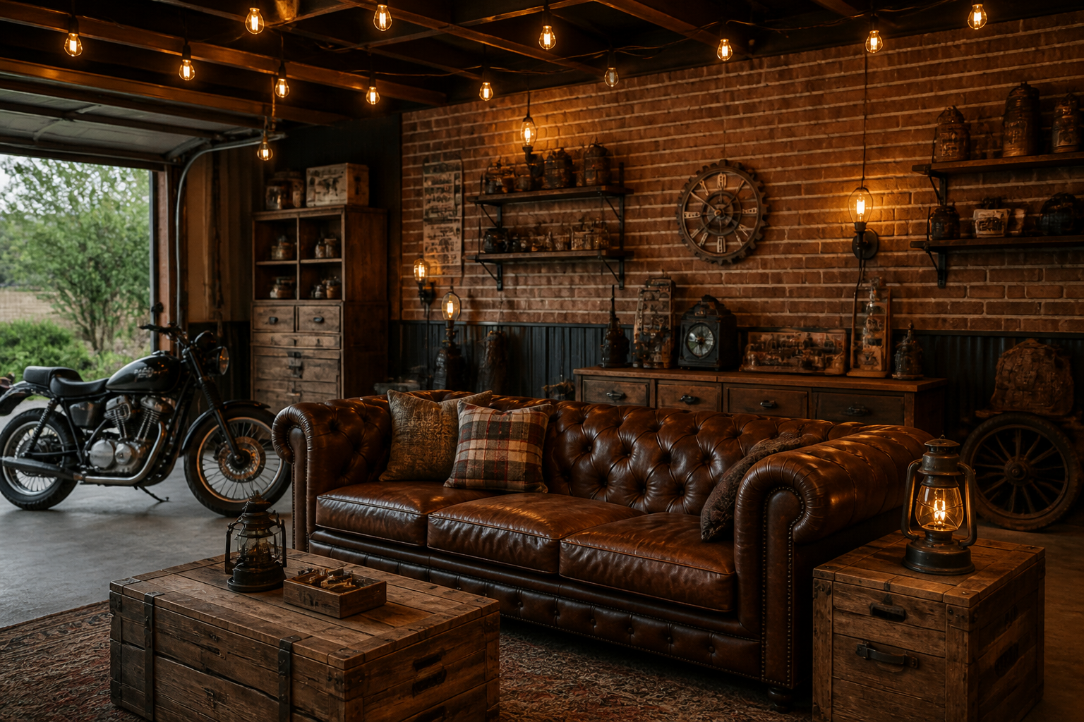 Brown leather Chesterfield sofa in rustic garage lounge with brick wall and Edison lights