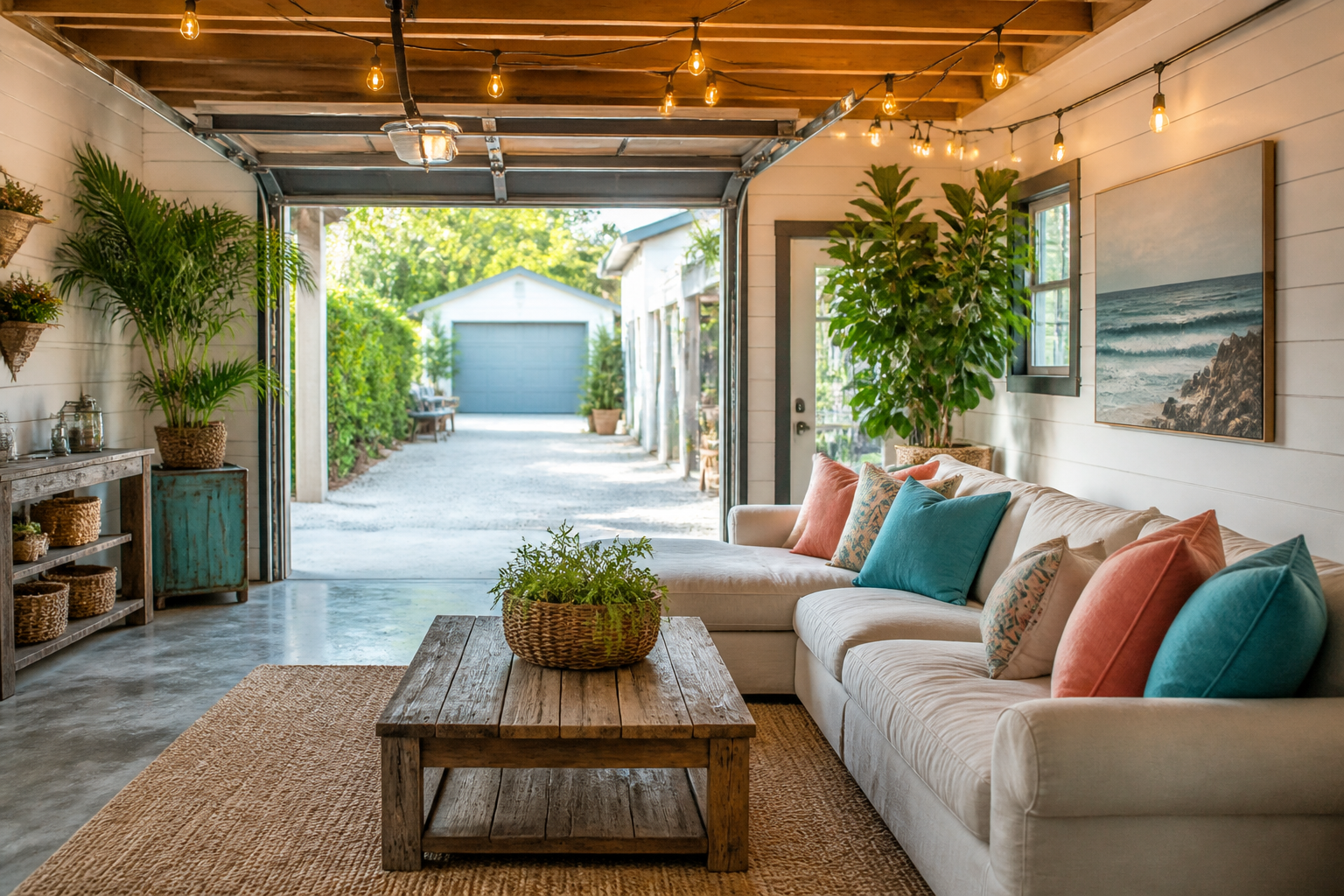 Cream linen sofa in bright garage lounge with coastal decor and plants