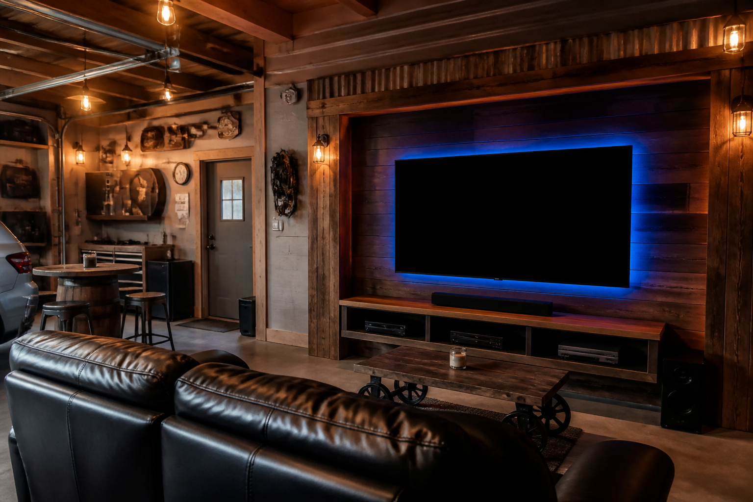 Mounted TV on dark wood media wall in garage with LED backlighting and leather sofa