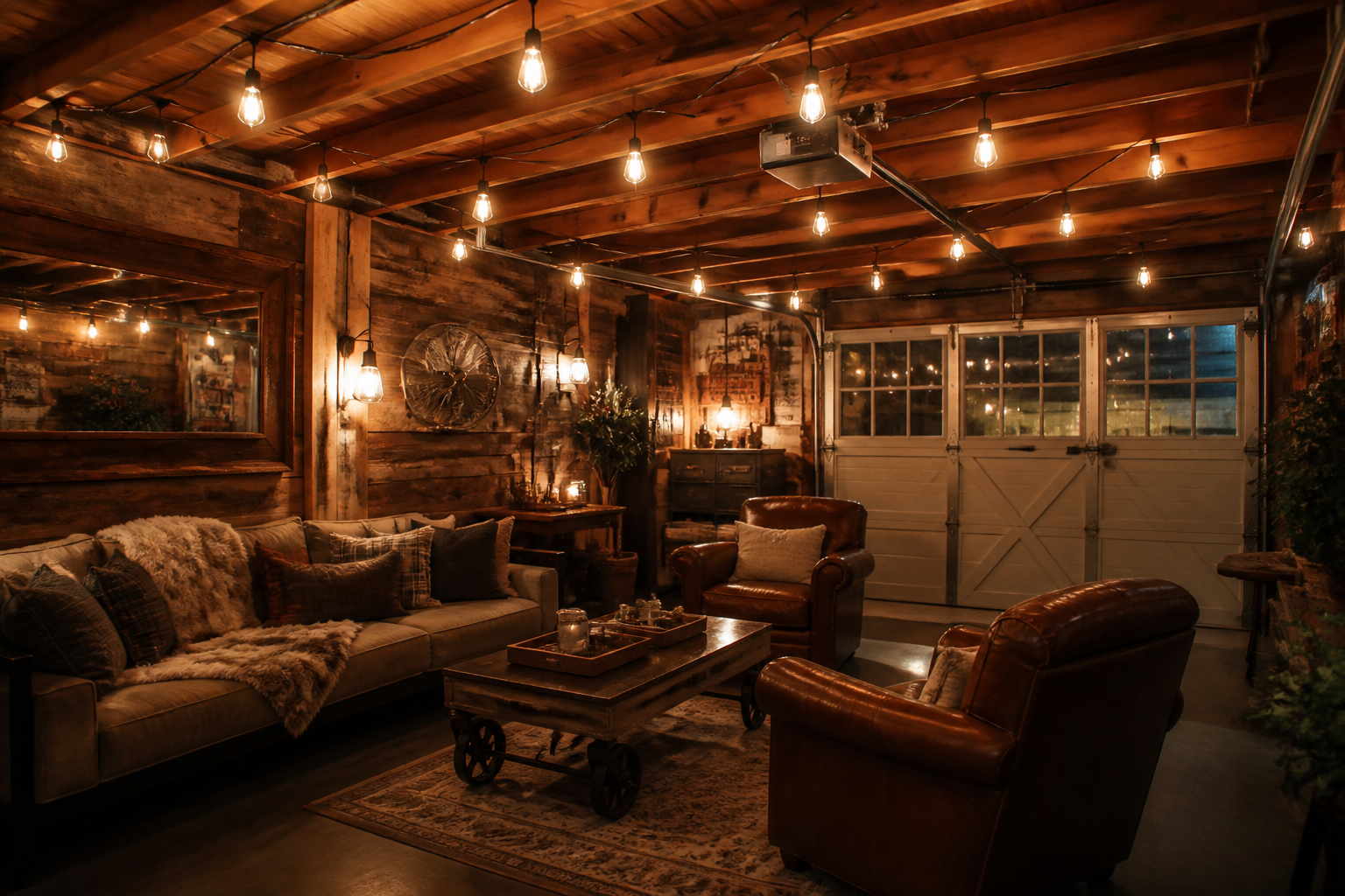 Edison bulb string lights across garage lounge ceiling creating warm ambiance