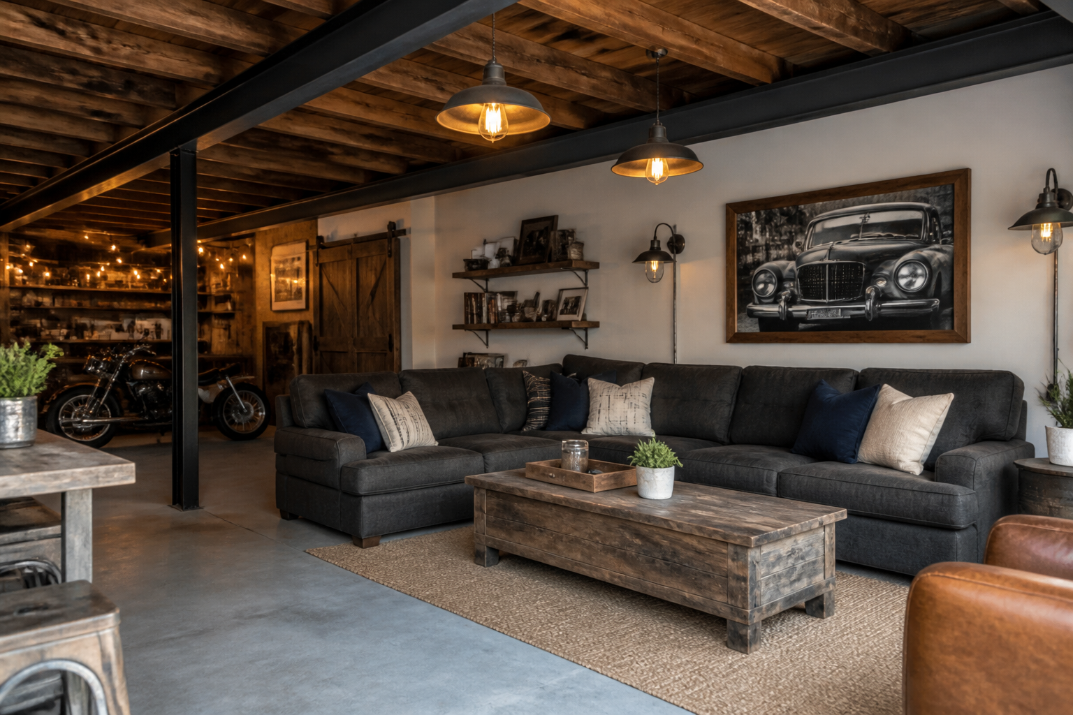 Gray sectional sofa in converted garage lounge with industrial lighting and white walls