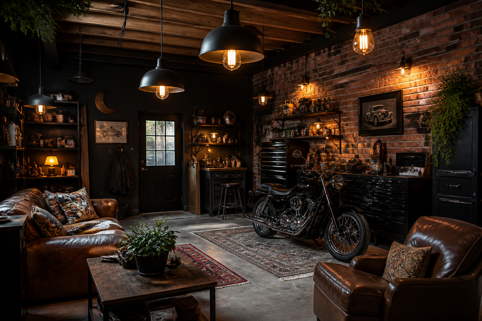Industrial pendant lights at varied heights in rustic garage lounge with brick wall