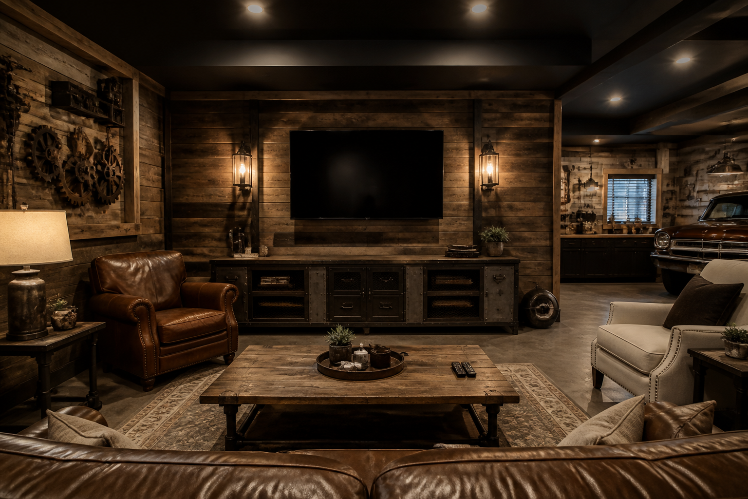 Layered lighting with wall sconces and recessed lights in sophisticated garage lounge