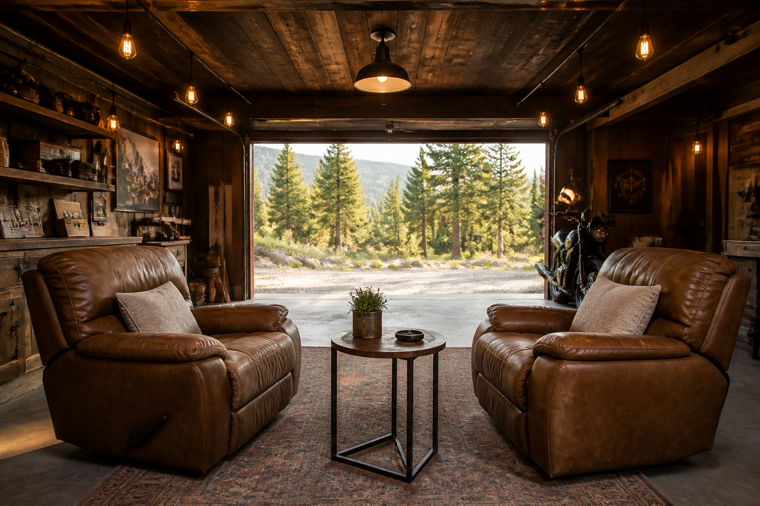 Tan leather recliners in garage lounge with open door and natural lighting
