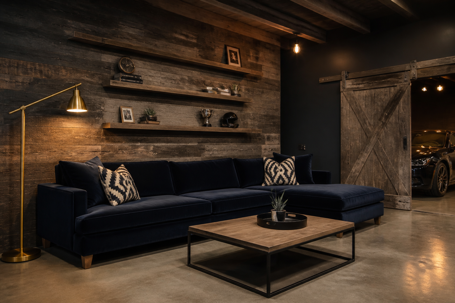Navy velvet sofa in modern garage lounge with brass accents and polished concrete