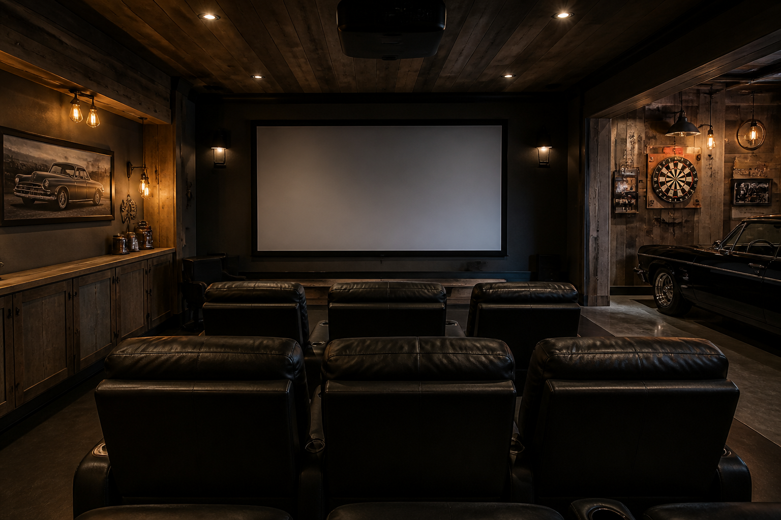 Projection screen and theater seating in luxury garage media room with surround sound