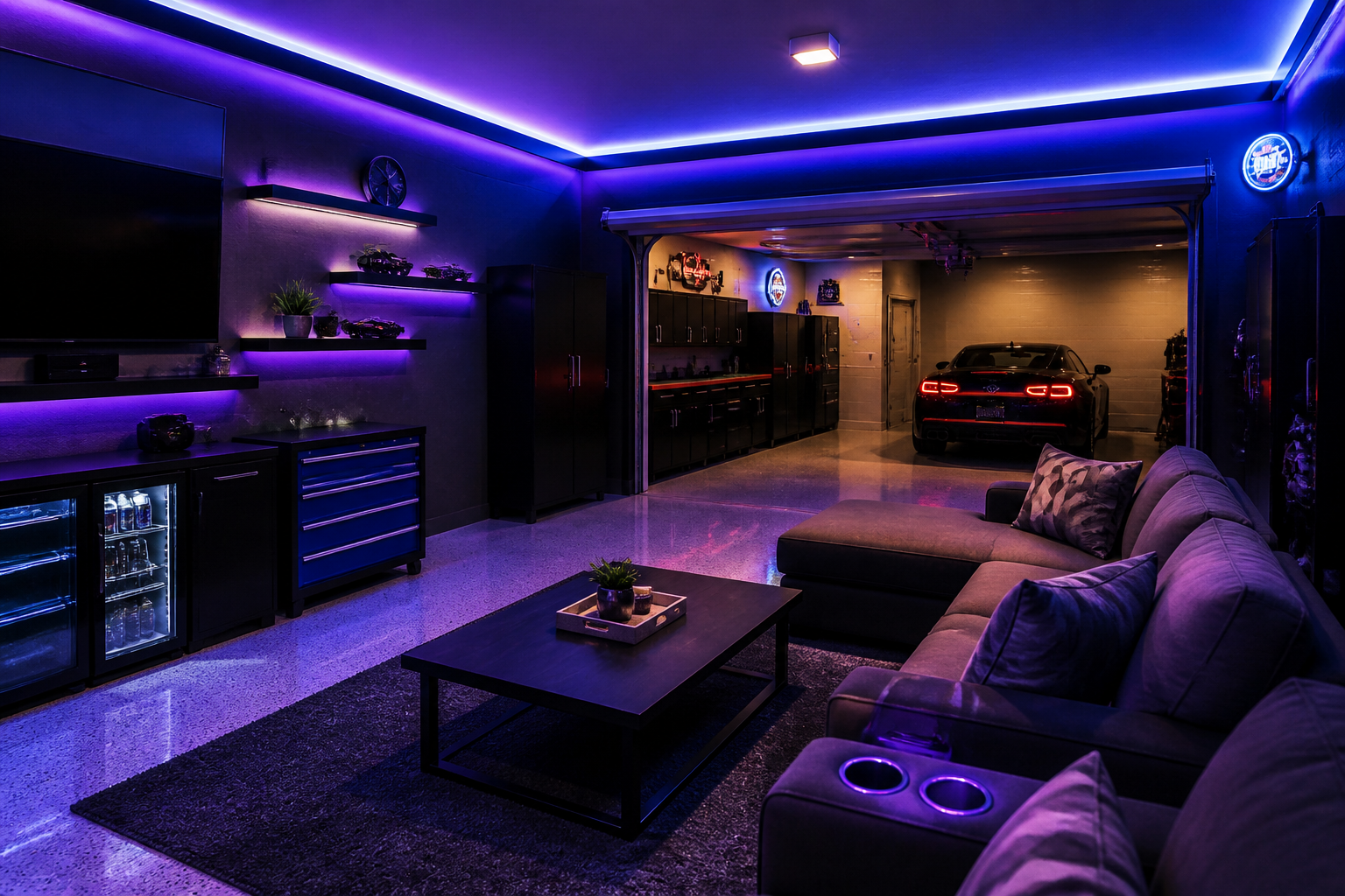 RGB LED strip lighting in modern garage lounge with purple and blue color scheme