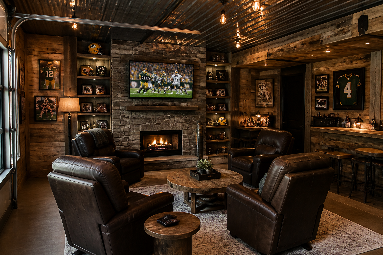 TV above stone fireplace in sports-themed garage lounge with memorabilia and leather chairs
