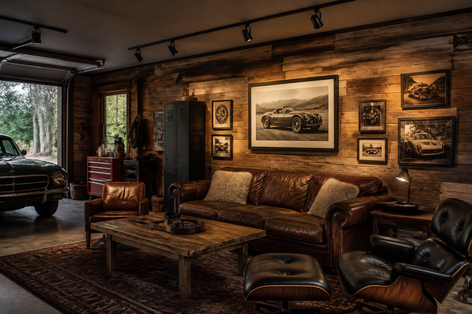 Adjustable track lighting in garage lounge highlighting artwork and seating zones