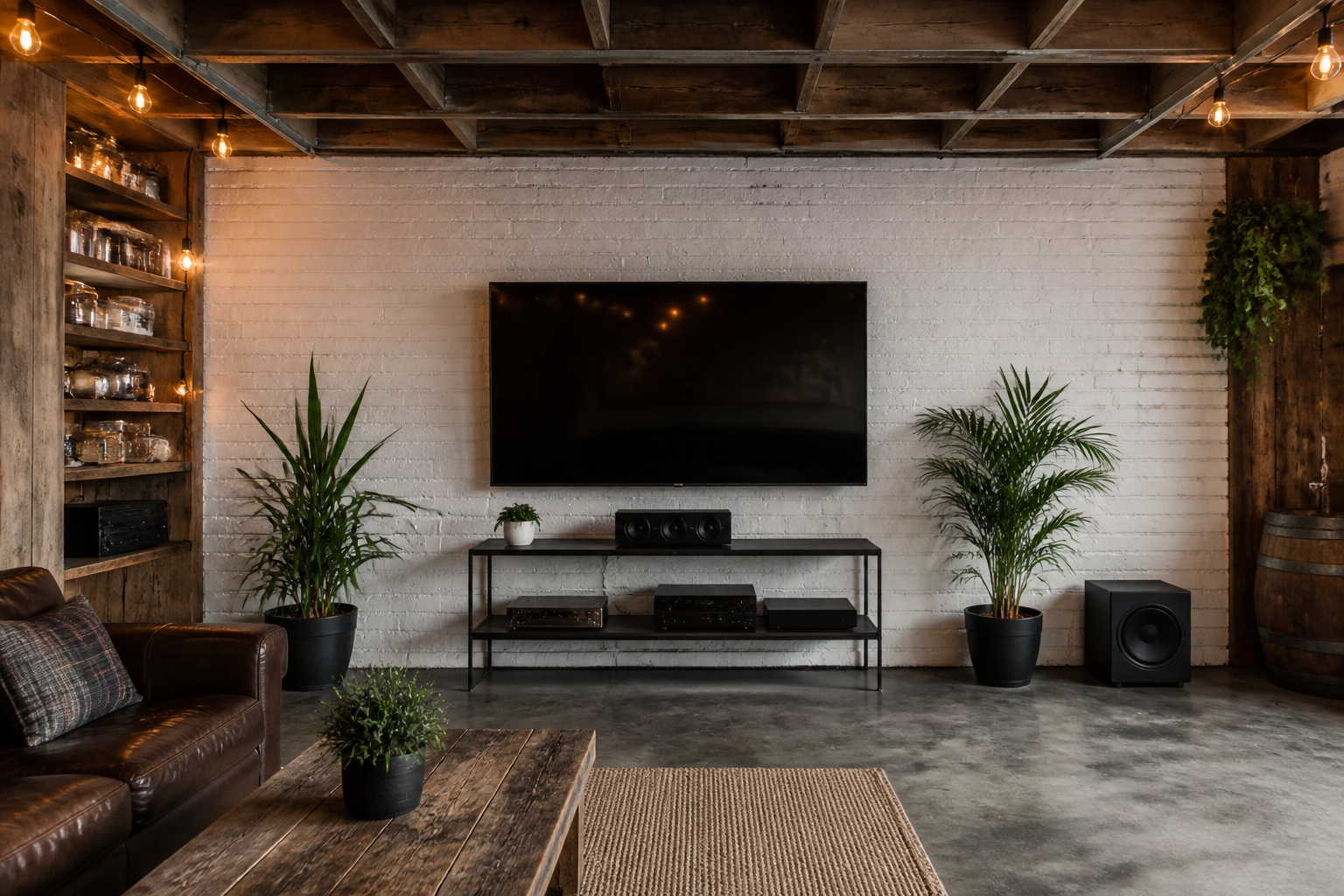 TV mounted on white brick wall in minimalist garage lounge with metal console