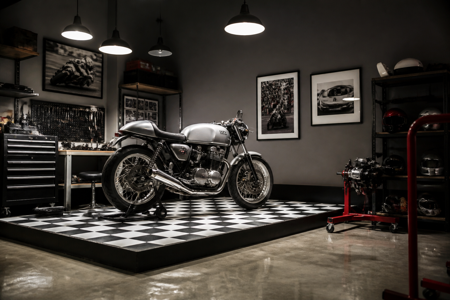 Silver cafe racer on black and white checkered platform under pendant lights in garage