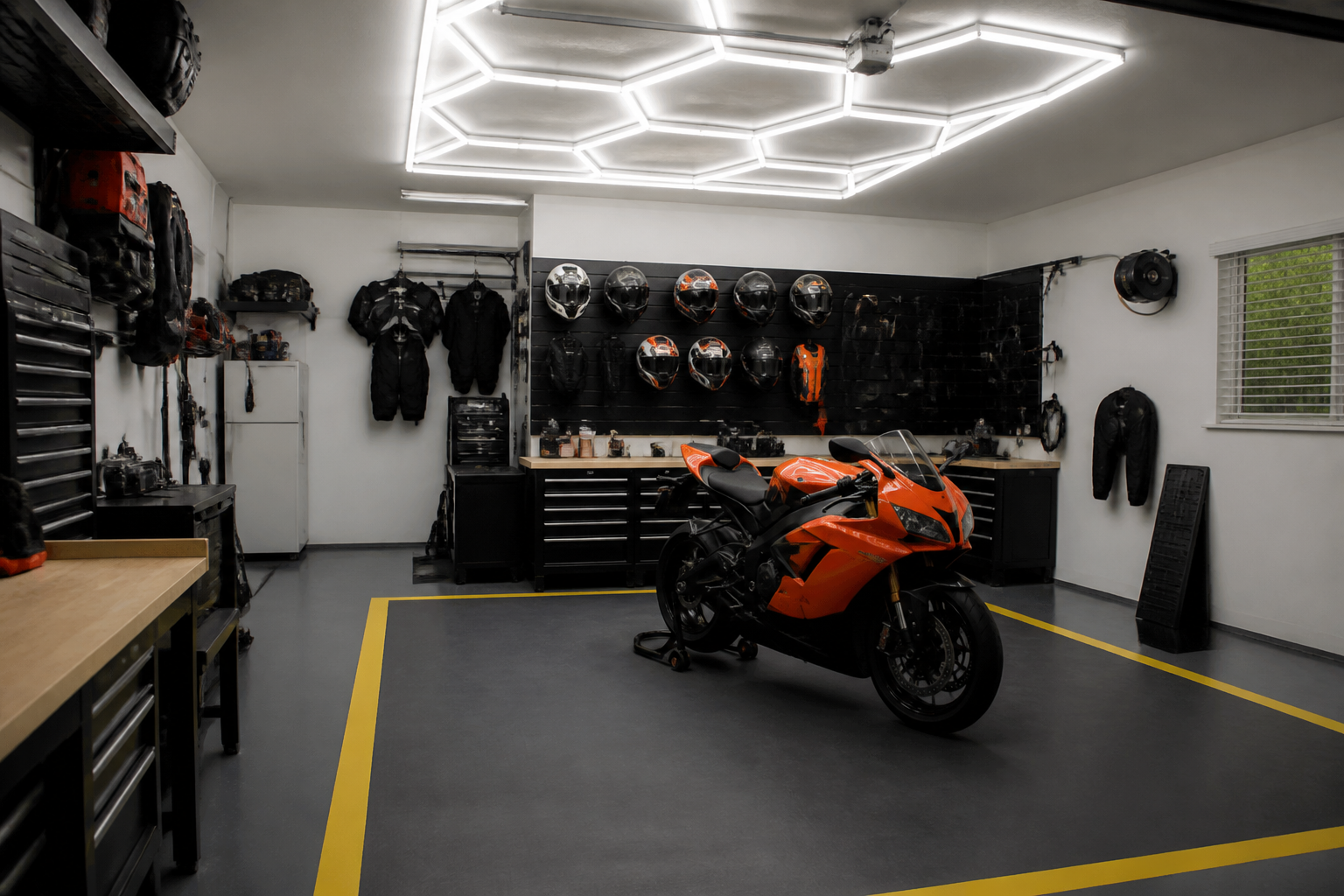 Orange sport bike on grey floor section with yellow striping and LED lights above