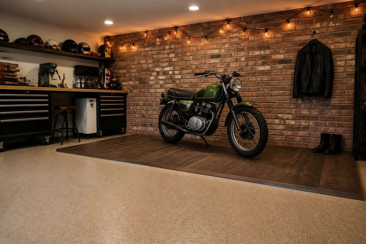 Green vintage motorcycle on wooden deck platform with Edison lights and brick wall