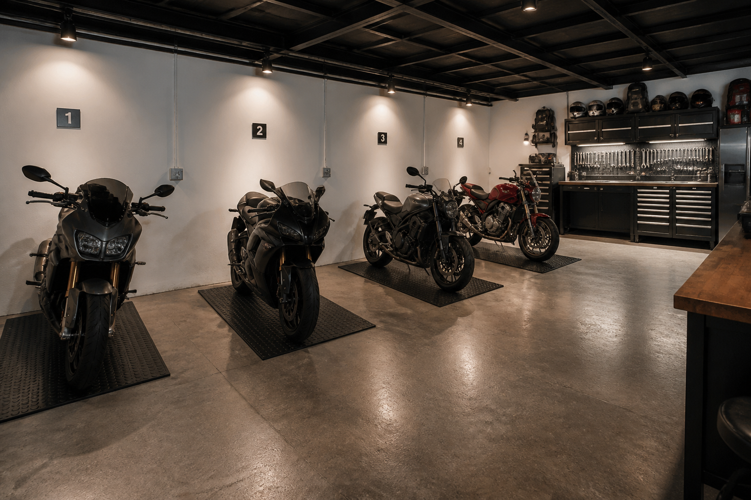 Four motorcycles arranged in row on individual mats with spotlights and numbered plaques