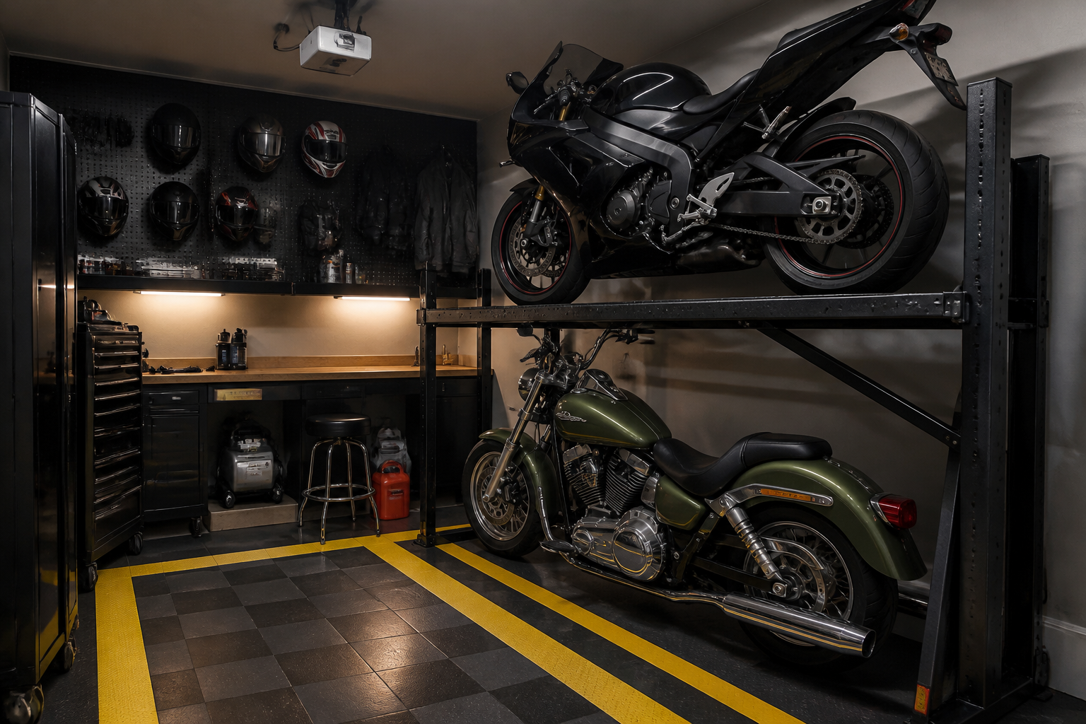 Two motorcycles on custom two-tier metal rack in compact garage with pegboard storage