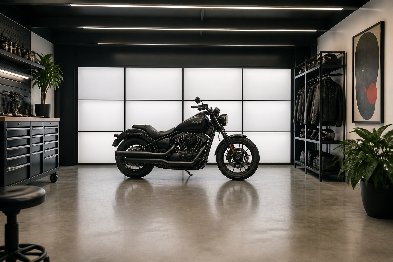 Matte black cruiser in premium garage with backlit wall panels and polished concrete floor