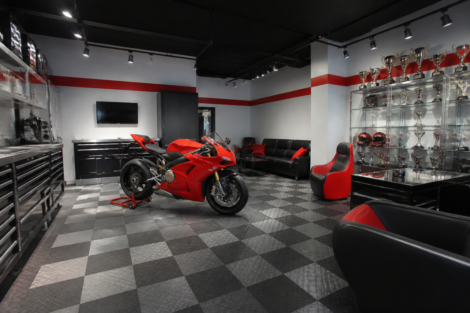 Red Italian sport bike on geometric floor tiles in luxury showroom garage with racing accents