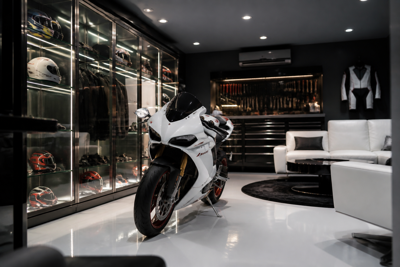 White sport motorcycle in showroom garage with glossy floor and glass display cases