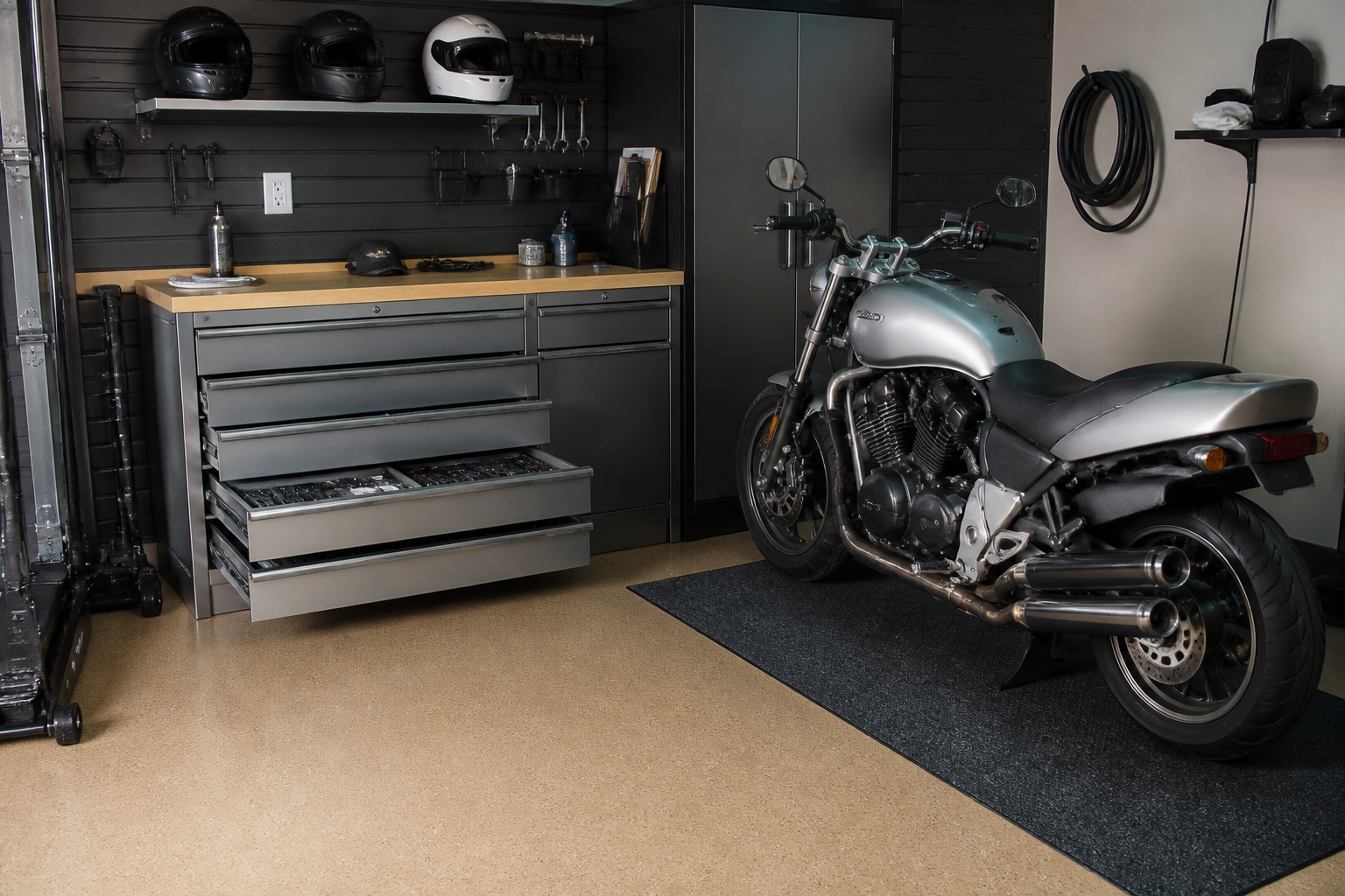 Silver motorcycle at corner workstation with tool cabinet, helmet shelf, and maintenance mat