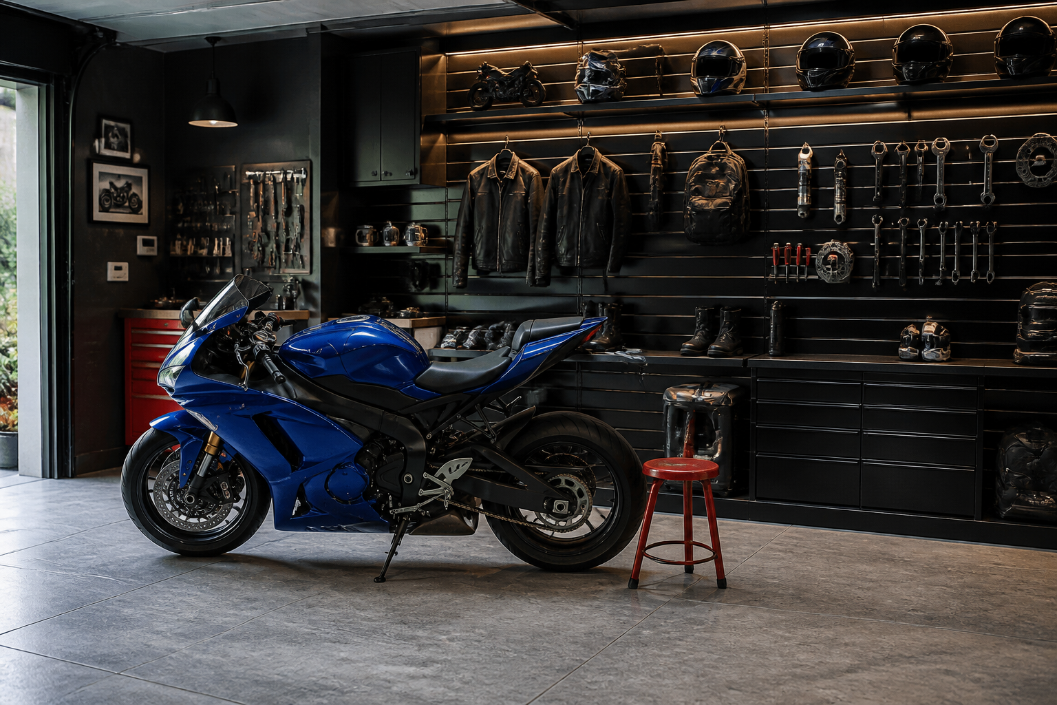 Blue sport bike with black slatwall wall storage for helmets, gear, and tools