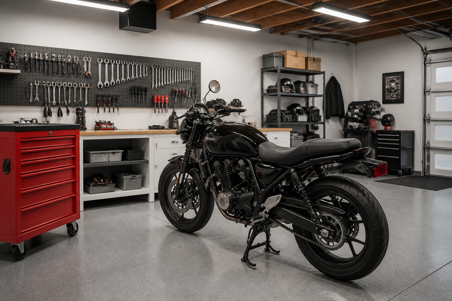 Black motorcycle next to red tool chest with pegboard wall and workbench in garage workspace