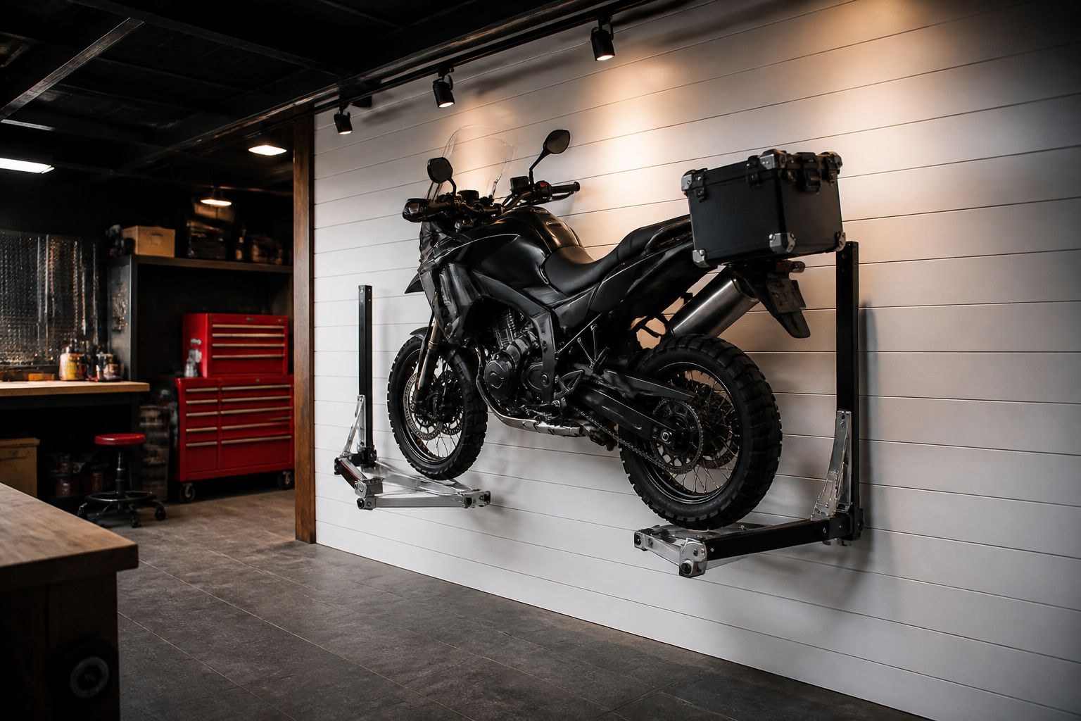 Black adventure motorcycle on wall mount with chrome arms against white shiplap panels