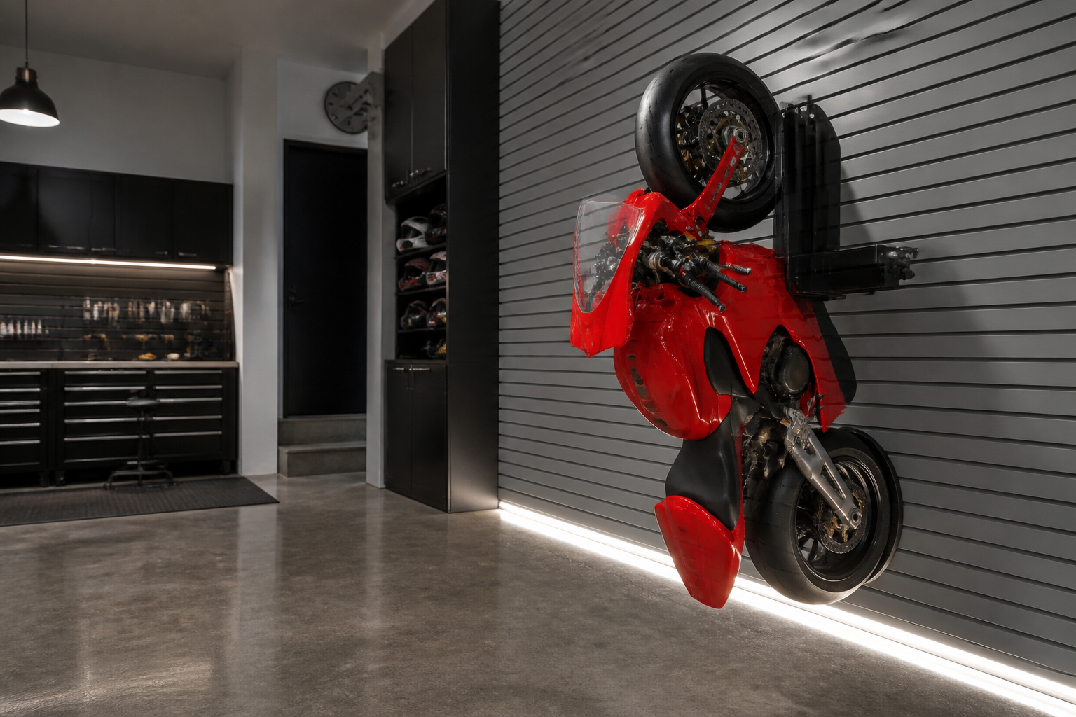 Red sport motorcycle mounted vertically on wall with black lift system in modern garage