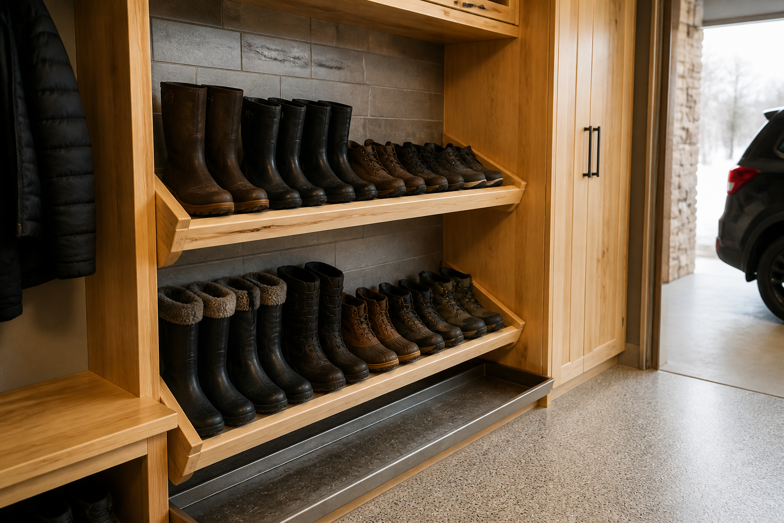 Angled wooden boot shelves with removable drip tray for wet footwear storage